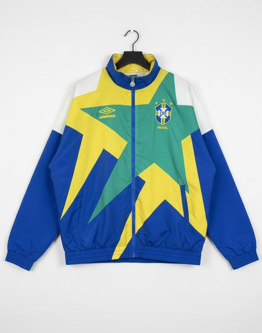 Cortavientos retro de Brasil (azul y amarillo)
